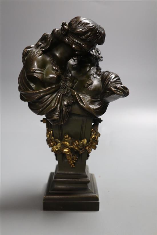 A late 19th century French bronze double bust of lovers, height 20cm